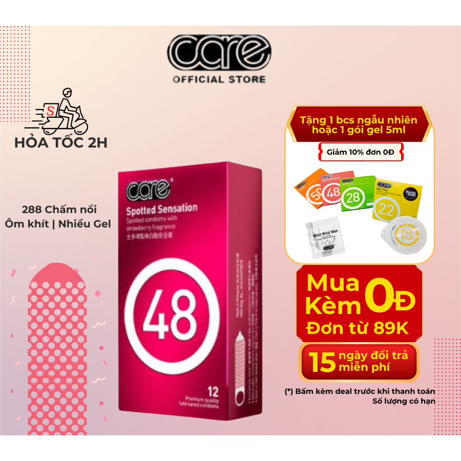 Bao cao su gai CARE 48 bcs có gai siêu mỏng kéo dài thời gian, tăng cường gel bôi trơn hộp 12 chiếc