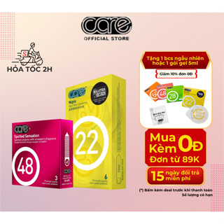 bao cao su siêu mỏng CARE 22 (hộp 6) và bcs có gai CARE 48 (hộp 3) gel bôi trơn, kéo dài thời gian