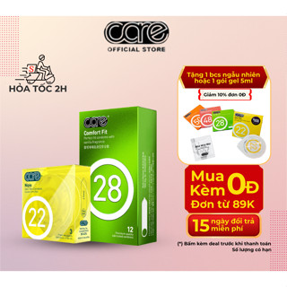 bao cao su siêu mỏng CARE 22 hộp 3 bcs & CARE 28 hộp 12 bcs nhiều gel bôi trơn, kéo dài thời gian