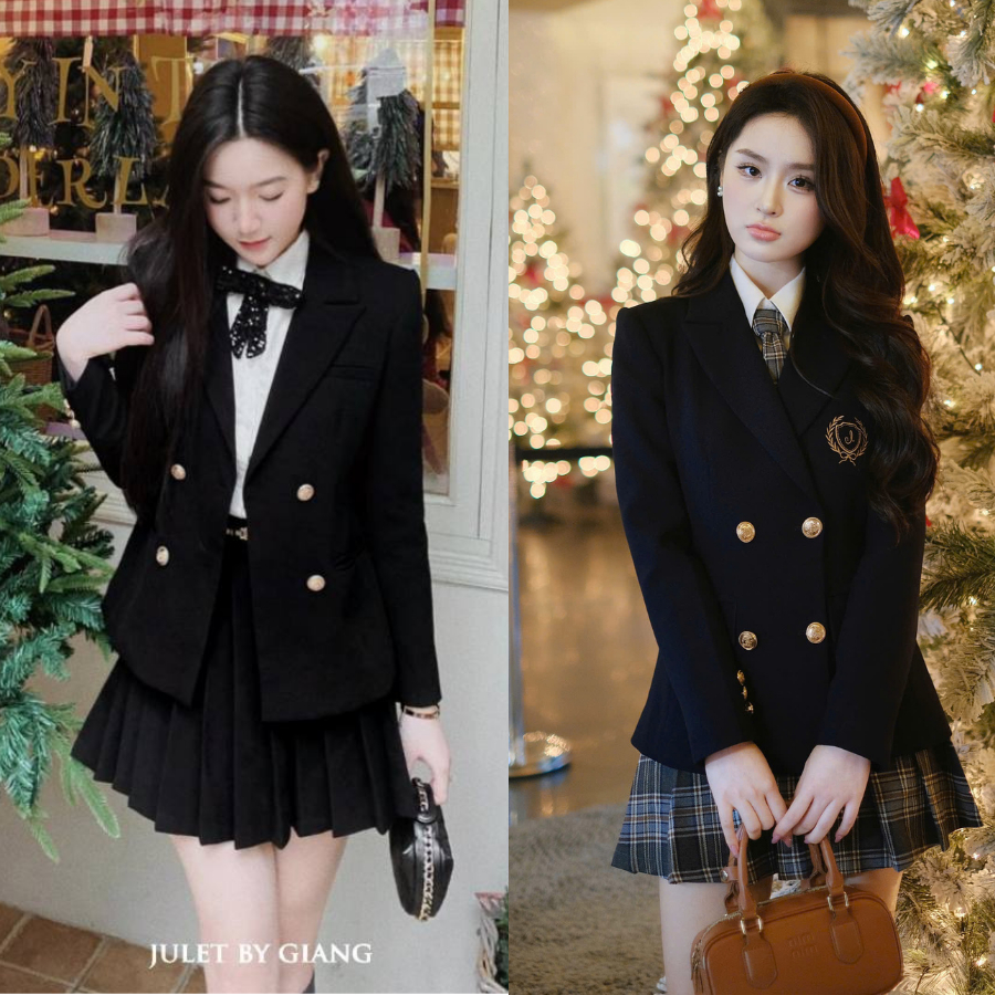  Set áo khoác vest blazer nữ đen Kara dài tay 2 lớp có đệm vai và chân váy dập ly 