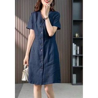 Váy suông Linen công sở cổ V đai eo dáng chữ A SLINEN, chất vải Linen bột Premium, form đầm suông trẻ trung - V22