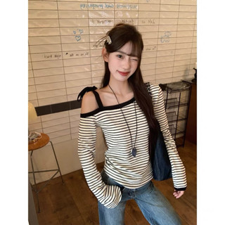 Áo kiểu sọc lệch vai thắt nơ siêu xinh cho nữ