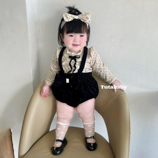  Bodysuit Cho Bé Set 3 Chi Tiết Body Nhung Nhũ Đen Lấp Lánh Phối Áo Nhung Sữa Chấm Bi Mềm Và Mũ Nồi Body Cho Bé 3-11kg 