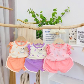 Bộ quần áo cotton bèo tay họa tiết in kín nơ bé gái size 6-16kg