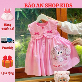 Váy thiết kế sát nách cổ bẻ in họa tiết baby three màu Hồng xinh cho bé gái từ 8-35kg T24