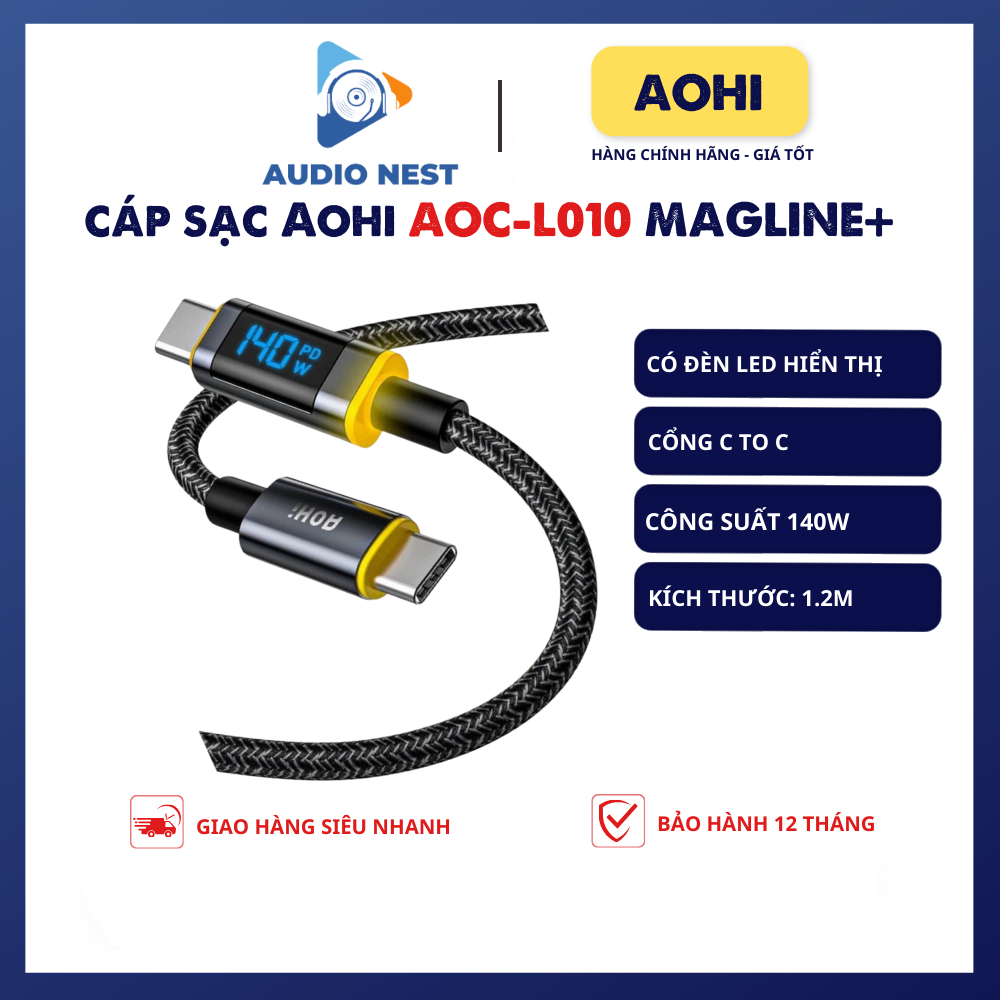 Cáp Aohi Bọc Dù Magline Pro+ C To C hiệu suất 140w mã hiệu AOC-L010 dài 1.2m Có Màn hình hiển thị - 