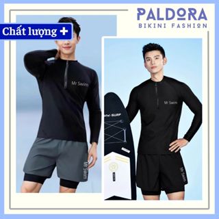 Đồ bơi nam thể thao kín đáo dài tay & ngắn tay áo có khóa kéo quần đùi 2 lớp đi biển màu đen thời trang Paldora056