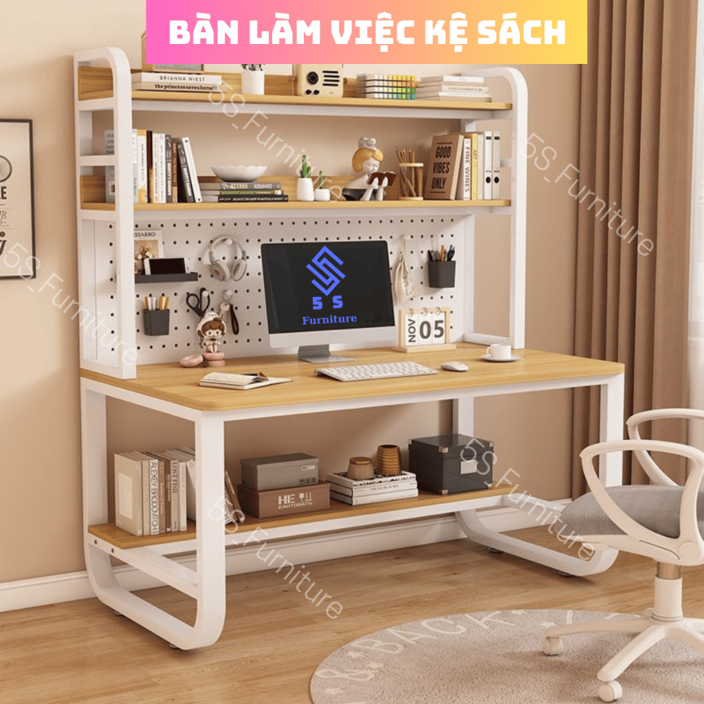 Bàn học sinh có kệ sách, Bàn làm việc U cong màu sắc đa dạng, Mặt MDF dày 15mm, chân thép sơn tĩnh điện | BigBuy360 - bigbuy360.vn