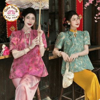  Pháp phục đi chùa cổ tàu giọt lệ gấm Tafta hoa nổi Bộ đồ đi chùa cách tân Đồ lam nữ tiểu thư Sang trọng 