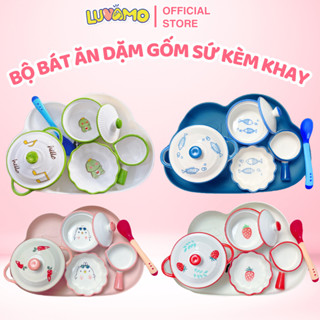 Bộ bát ăn dặm gốm sứ kiểu nhật kèm khay, sét bát ăn dặm cho bé tặng thìa báo nóng AD56