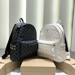  Balo đi học nam nữ Eo Vì da Pu in hoạ tiết vân hoa chữ monogram tag logo vàng size 40 bản quai to 