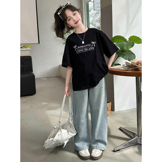  Set Áo Phông Romantic Long ISLAND  Mix Quần Jean Xuông Dài Cạp Chun Cho Bé Gái 2 Màu Trắng Đen 