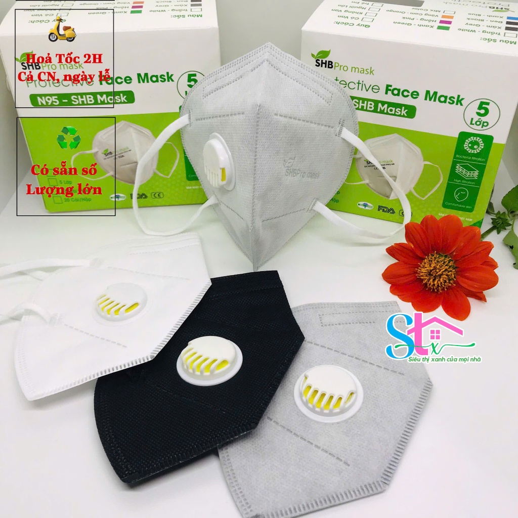 Khẩu trang n95 có van thở SHB pro mask chính hãng, kn95 5 lớp kháng khuẩn chuẩn FFP2 hộp 10 cái