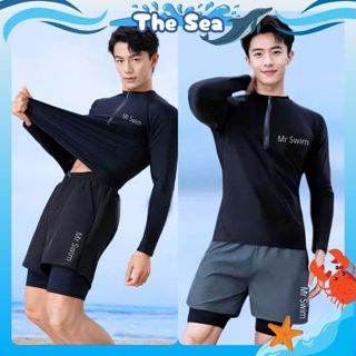 Bộ đồ bơi nam MrSwim quần 2 lớp đi biển áo dài tay kín có khóa zip kéo màu đen chất thun co giãn 4 chiều The Sea 045