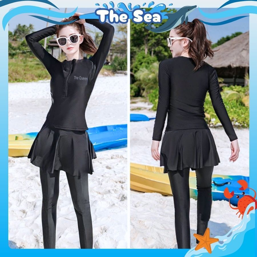 Đồ bơi nữ Ninja đi biển 2 mảnh bikini kín đáo chống nắng áo dài tay phối khóa zip kéo quần dài và váy dài The Sea 047 | BigBuy360 - bigbuy360.vn