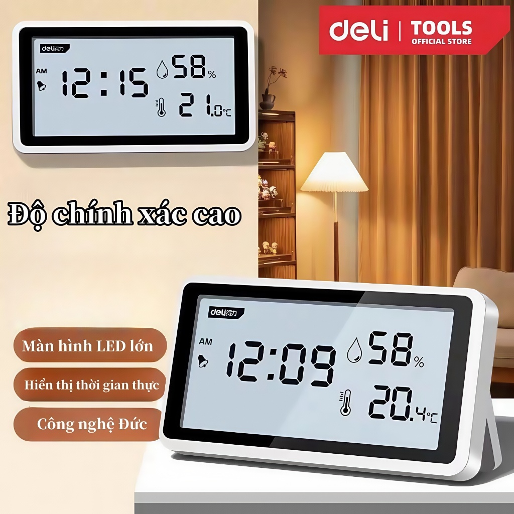 Nhiệt kế phòng Deli Đa Năng màn hình siêu mỏng, độ ấm, nhiệt độ chính xác