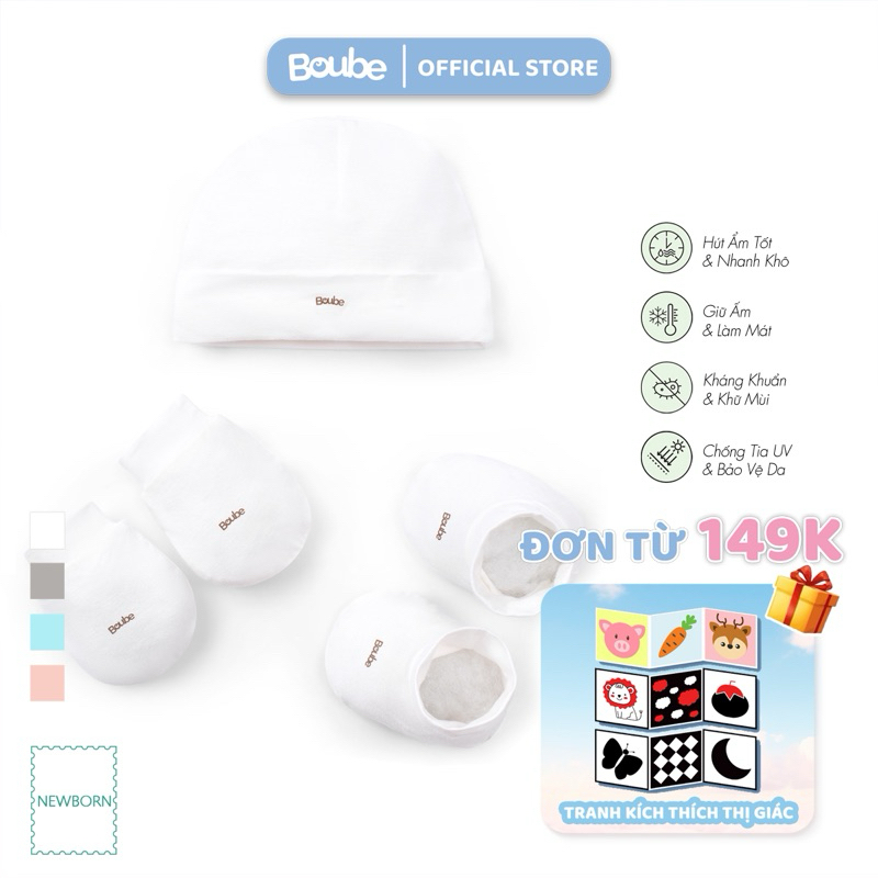 Set phụ kiện bao tay, bao chân, mũ cho em bé sơ sinh Boube , vải sợi tre Bamboo cao cấp - Newborn