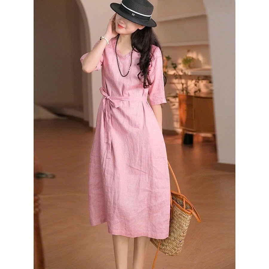 Váy suông Linen Premium cổ tim tay cộc SLINEN, form đầm suông không kén dáng.