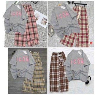 Tổng Hợp Các Sét Bộ Quần Kẻ Caro + Mix áo Phông ICON xám Form Rộng -SHOPTHUBIO