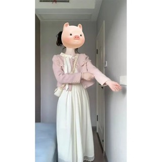  Set váy áo thu đông sang chảnh dáng dài kiểu Hàn Quốc áo dạ màu hồng phối đầm trắng cổ nơ size S,M,L,XL 