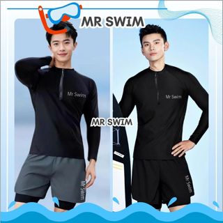Bộ Mr Swim đồ bơi nam đi biển có khóa kéo kín đáo quần 2 lớp áo tay dài và ngắn có khóa kéo màu đen 001