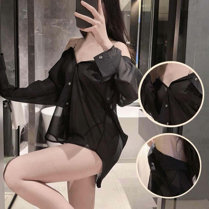 Đồ ngủ sexy, váy đầm ngủ sơmi trễ vai, vải voan cát xuyên thấu, dây đính đá gợi cảm | BigBuy360 - bigbuy360.vn