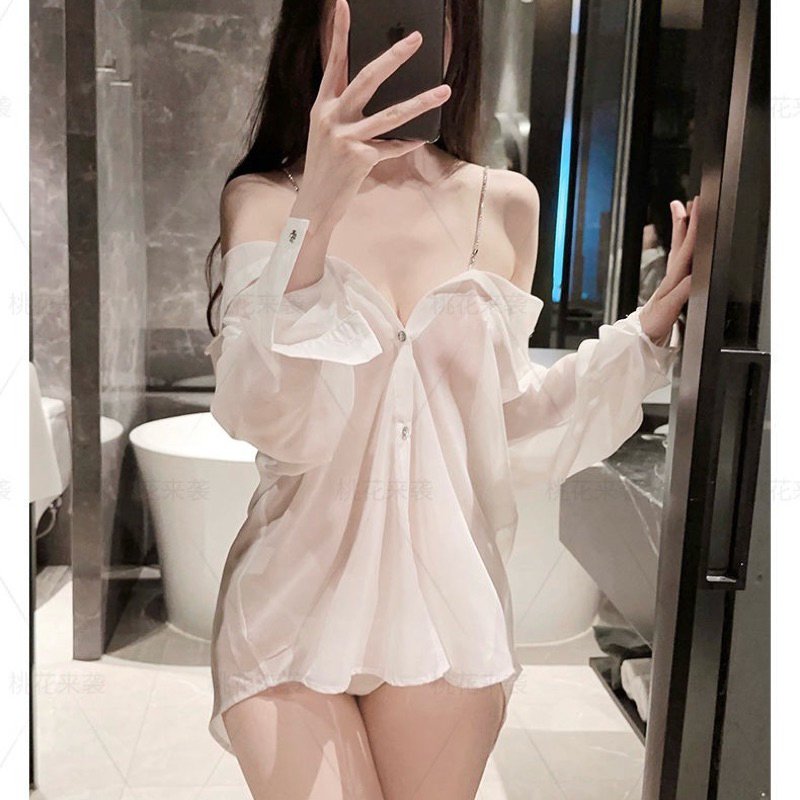 Đồ ngủ sexy, váy đầm ngủ sơmi trễ vai, vải voan cát xuyên thấu, dây đính đá gợi cảm | BigBuy360 - bigbuy360.vn