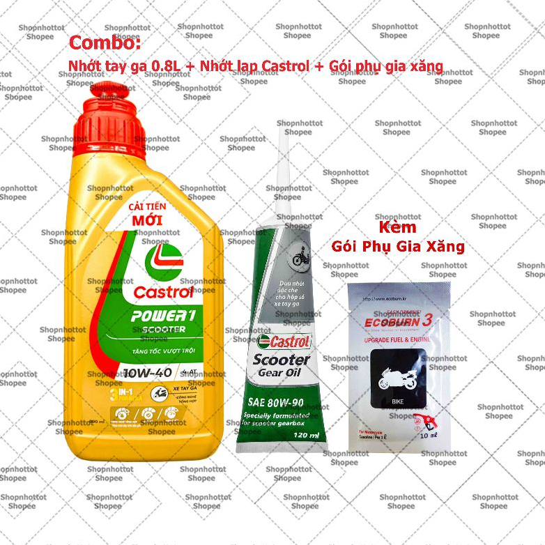 Combo Dầu nhớt Tổng hợp tay ga Castrol Power1 Scooter 10W40 800ml ( 0.8L ) + Nhớt Lap Castrol + Tặng