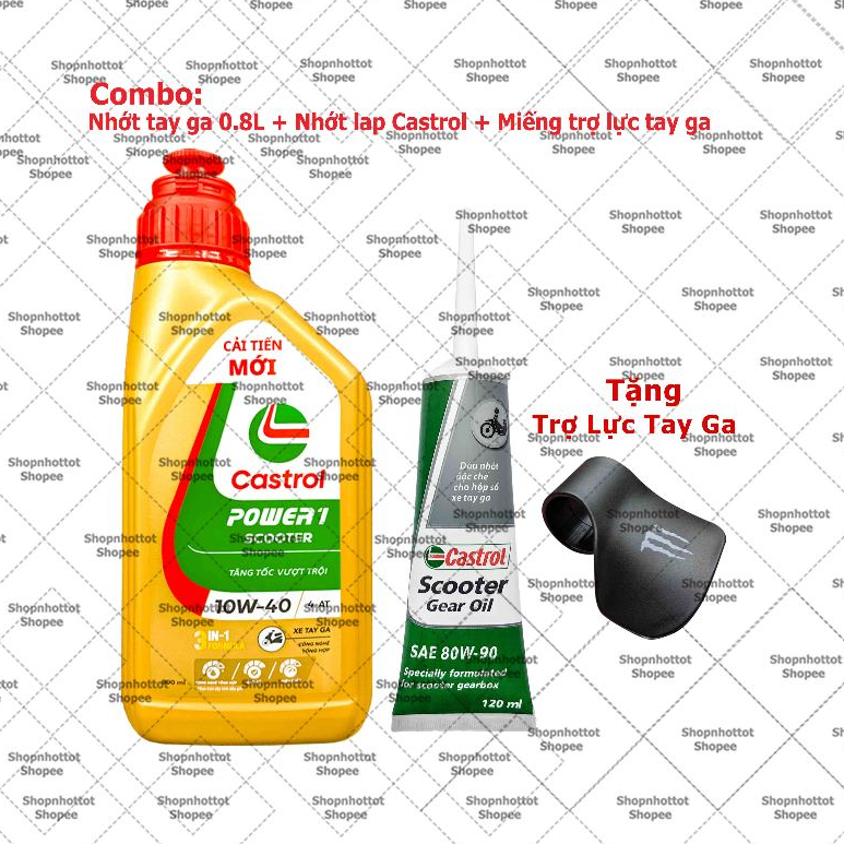 Combo Dầu nhớt tổng hợp tay ga Castrol Power-1 Scooter 10W40 800ml (0.8L) + Nhớt láp Castrol + Trợ l