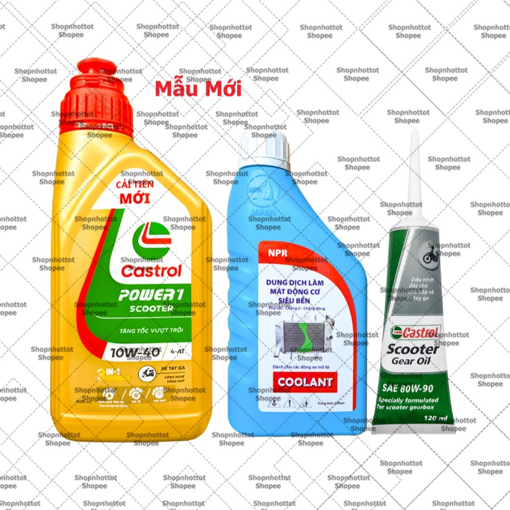 Combo Dầu nhớt tổng hợp tay ga Castrol Power-1 Scooter 10W40 800ml ( 0.8L ) + Nhớt Lap Castrol + Nướ