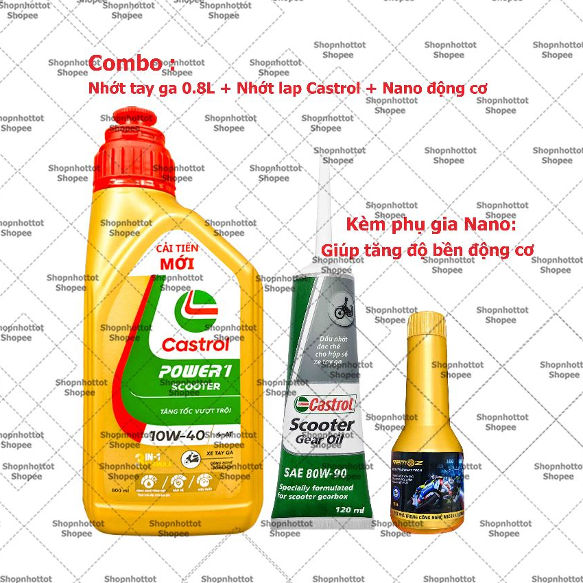 Combo Dầu nhớt xe tay ga Castrol Power-1 Scooter 10W40 800ml ( 0.8L )  + Nhớt Lap Castrol + Nano độn