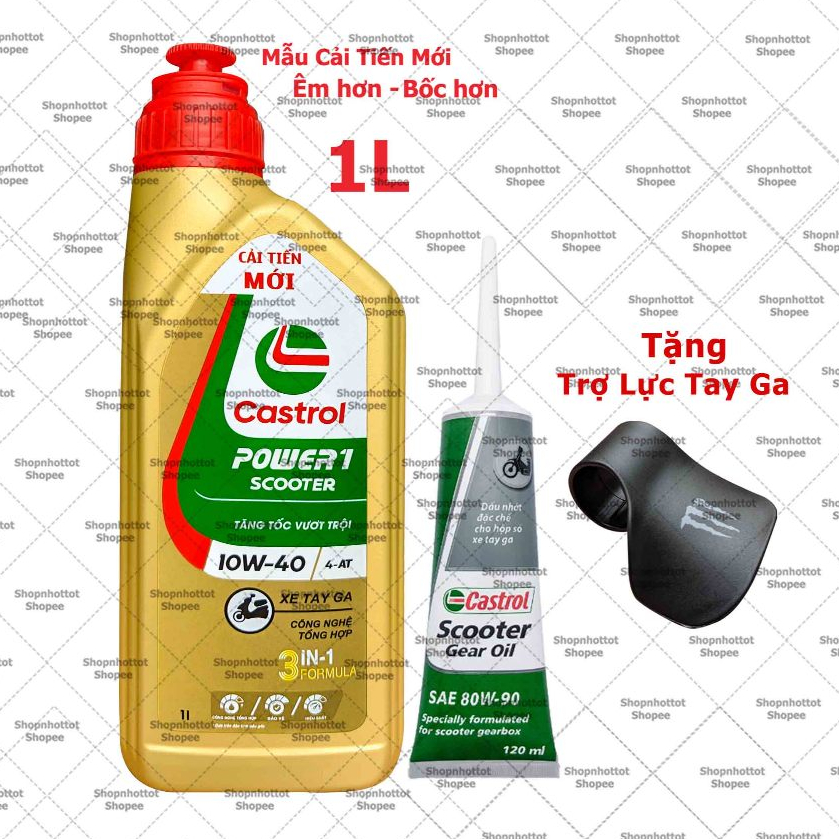 Combo Dầu nhớt tổng hợp tay ga Castrol Power-1 Scooter 10W40 1000ml + Nhớt láp Castrol + Tặng trợ lự