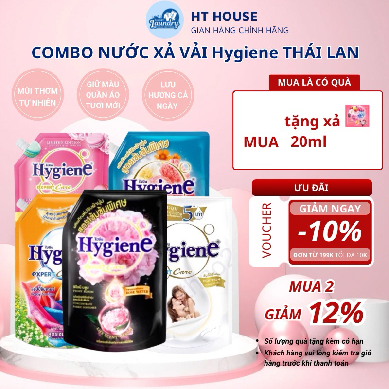 COMBO 2 Túi Nước xả vải Hygiene EXPER CARE Thái Lan gói lớn 1150ml, 2000ml hương hoa tự nhiên - HT H