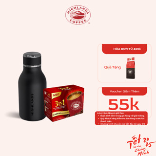 COMBO BÌNH GIỮ NHIỆT HIGHLANDS COFFEE LOGO HẠT CÀ PHÊ MÀU ĐEN 430ML & 1 hộp Cafe 3in1 20 gói