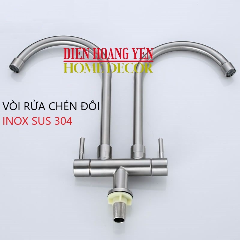 Vòi Rửa Bát Đôi Inox 304 dùng nước lạnh xoay 360 độ dùng 2 bồn