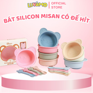 Bát ăn dặm silicon chống đổ có đế hít kèm thìa cho bé, chén ăn dặm silicon có chia vạch hình gấu Misan Luvamo