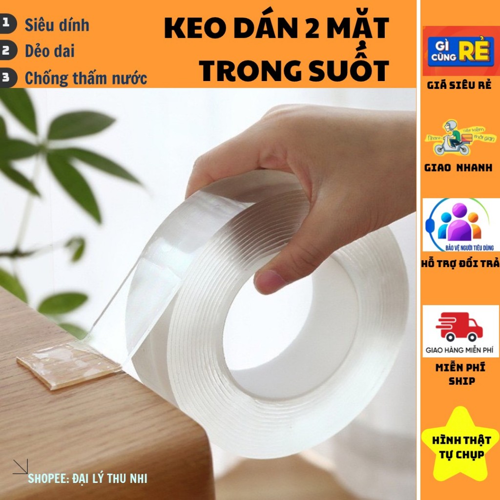 Băng Dính 2 Mặt Siêu Dính Băng Keo Nano 3M Trong Suốt 3cm*3m Dán Tường Dính Mọi Bề Mặt Tiện Lợi