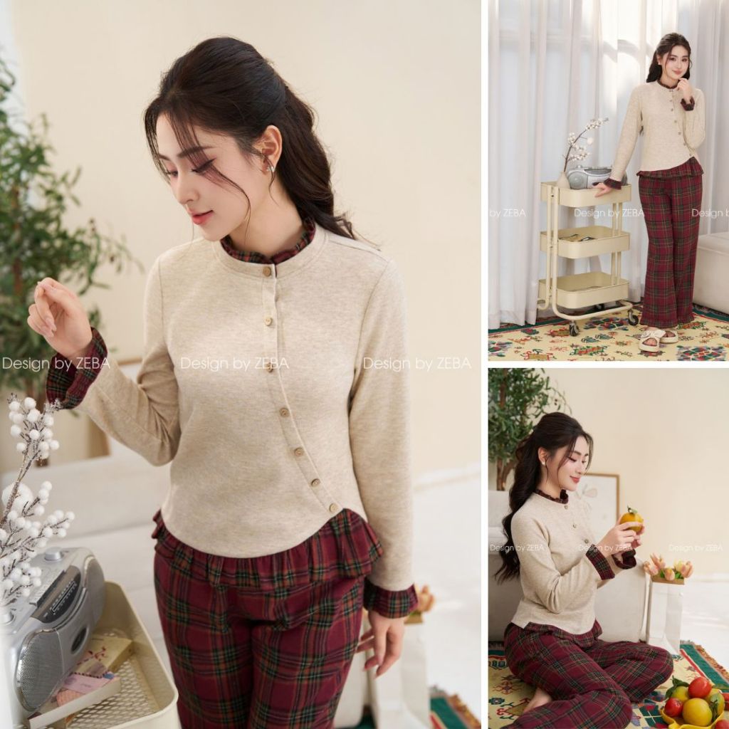 BỘ MẶC NHÀ ZEBA CAO CẤP ÁO COTTON PHỐI QUẦN KẺ THỜI TRANG