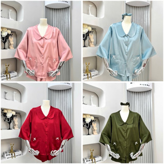  HL58  4size 40-95kg  BỘ PIJAMA QUẦN ĐÙI CỔ SEN TAY LỠ KÈM CỘT TÓC 