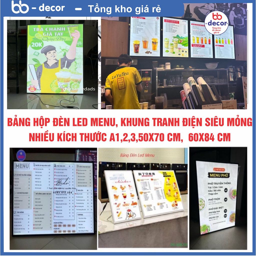 Hộp Đèn LED Quảng Cáo Nhiều Kích Thước, Menu LED Siêu Mỏng, Thay Ảnh Dễ Dàng, Khung tranh điện Để Bàn, Treo Tường