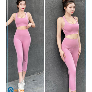 Set bộ tập gym, yoga quần lửng 9 tấc, bra đan dây lưng hồng