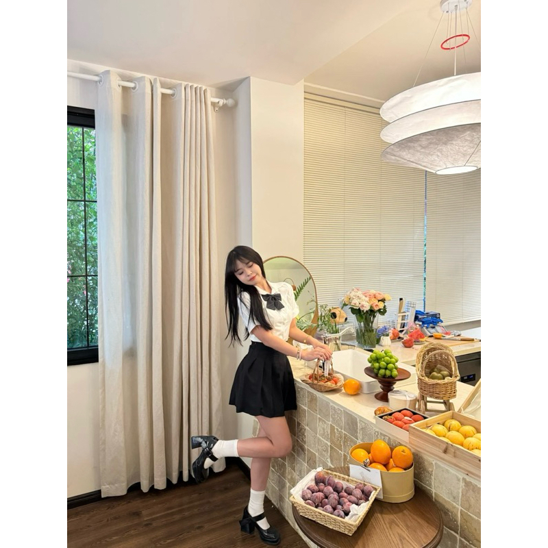 [Pass New] Set Đồ Đồng Phục Nữ Sinh Cài Nơ Douyin Áo Trắng Váy Đen Size S