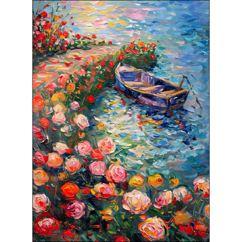 Tranh thêu chữ thập 9ct thuyền hoa vải kim tuyến kt 65x85