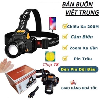  Đèn Pin Đội Đầu  T8  1 bóng LED siêu sáng chiếu xa 200m Cảm biến vẫy tay Zoom xa gần chống nước IPX6  BBVT  