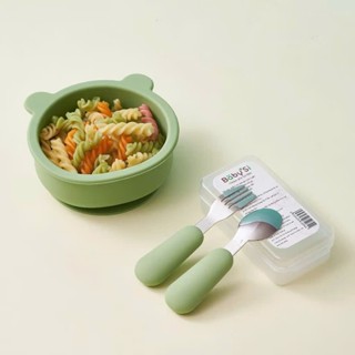 Set Bát Gấu Silicon Và Set Thìa Nĩa Inox 304 (Không kèm hộp nhựa trắng) Cho Bé Tập Ăn Dặm