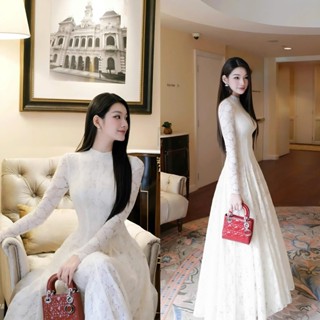  Đầm váy nữ ren trắng kem dài tay dáng maxi 2 lớp Đầm dài  tay nữ thiết kế basic CHOUCHOU TỰ MAY LẠI 