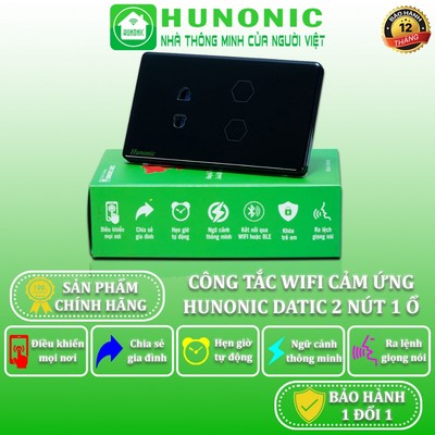 Công Tắc Cảm Ứng Wifi Hunonic Datic, Công Tắc Âm Tường Kèm Ổ Cắm 2IN1