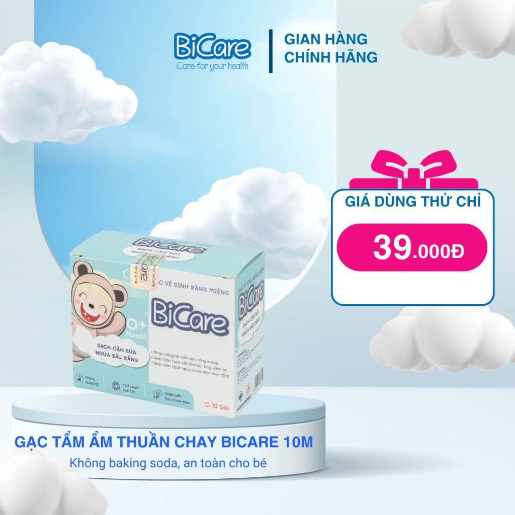 Gạc Rơ Lưỡi Thuần Chay BiCare - Gói Tẩm Ẩm Vệ Sinh Răng Miệng Cho Bé Từ Sơ Sinh, Hộp 10 gói