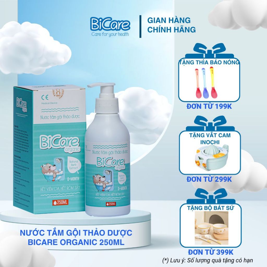 Nước Tắm Thảo Dược BiCare Organic Cho Trẻ Sơ Sinh 250ml cho da nhạy cảm, ngừa rôm sảy, viêm da