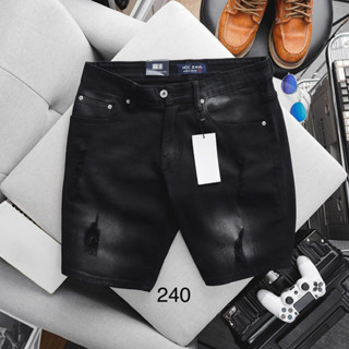 Quần short jean nam ngắn màu đen đen túi chéo mặc trên gối cotton slimfit